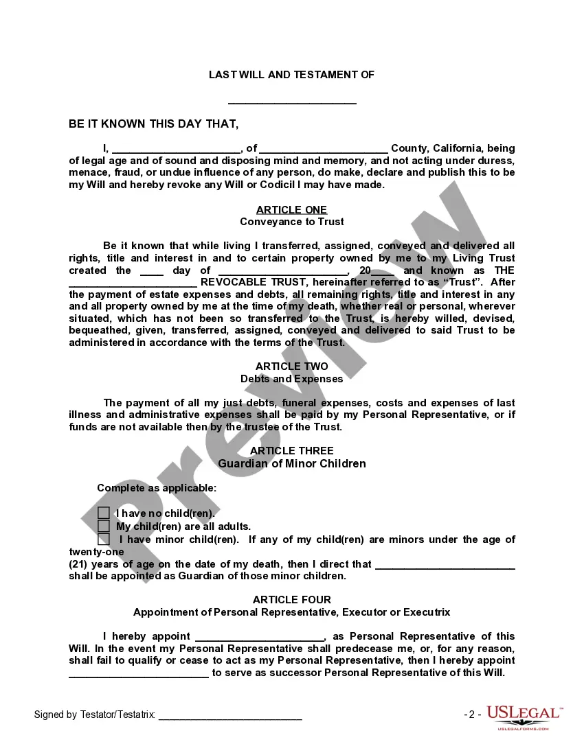 Preview Last Will and Testament with All Property to Trust called a Pour Over Will