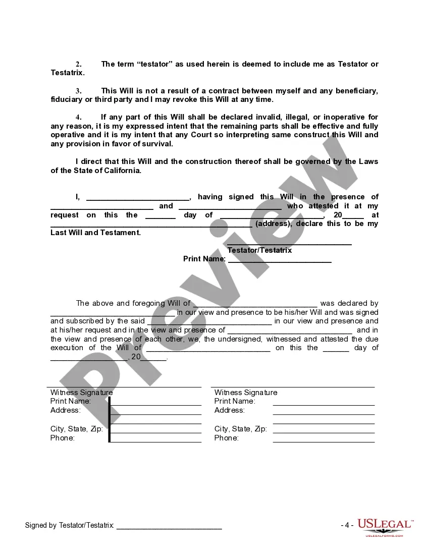 Preview Last Will and Testament with All Property to Trust called a Pour Over Will