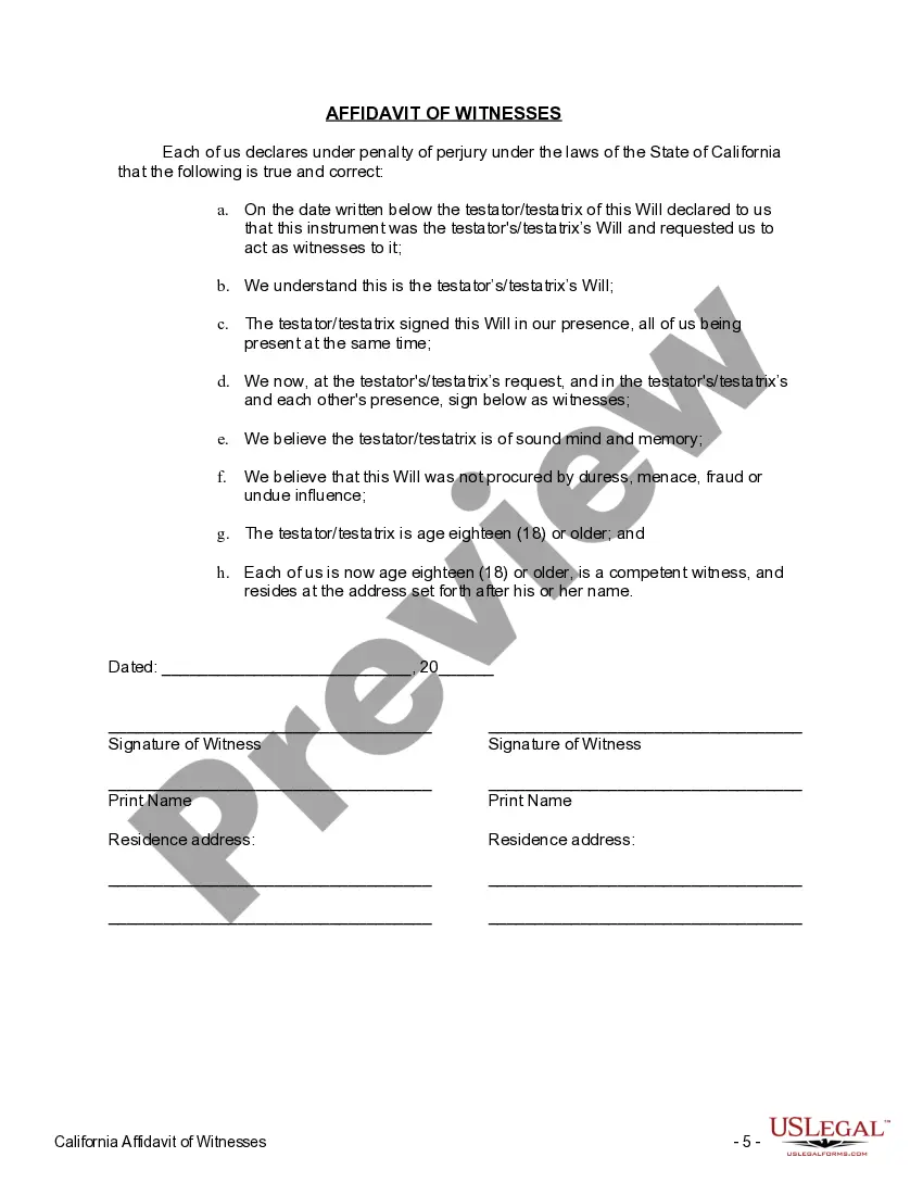 Preview Last Will and Testament with All Property to Trust called a Pour Over Will