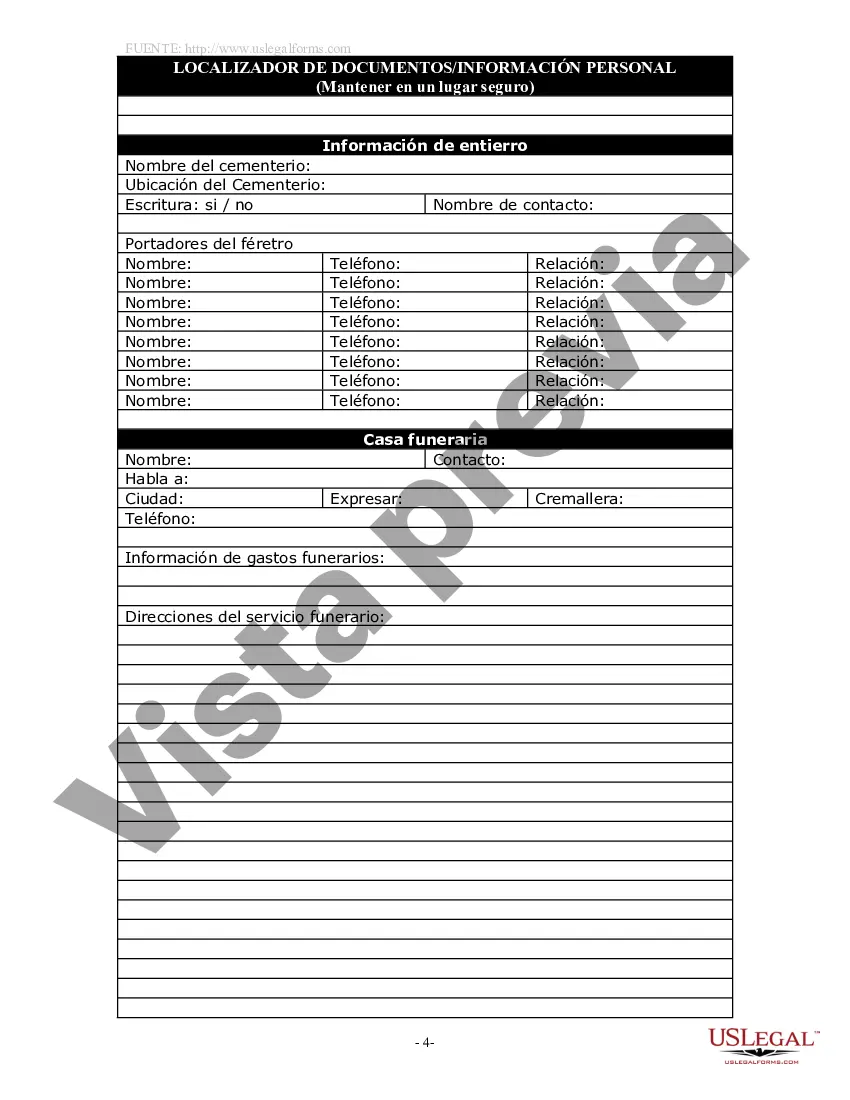 Get Localizador de documentos y paquete de información personal, incluido el formulario de información de entierro Preview Localizador de documentos y paquete de información personal, incluido el formulario de información de entierro