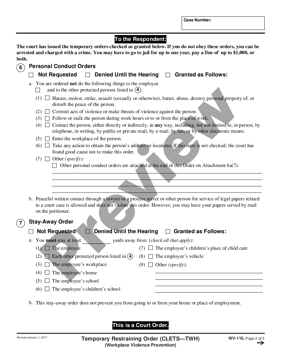 page 1 Temporary Restraining Order - CLETS-TWH - Workplace Violence Prevention preview