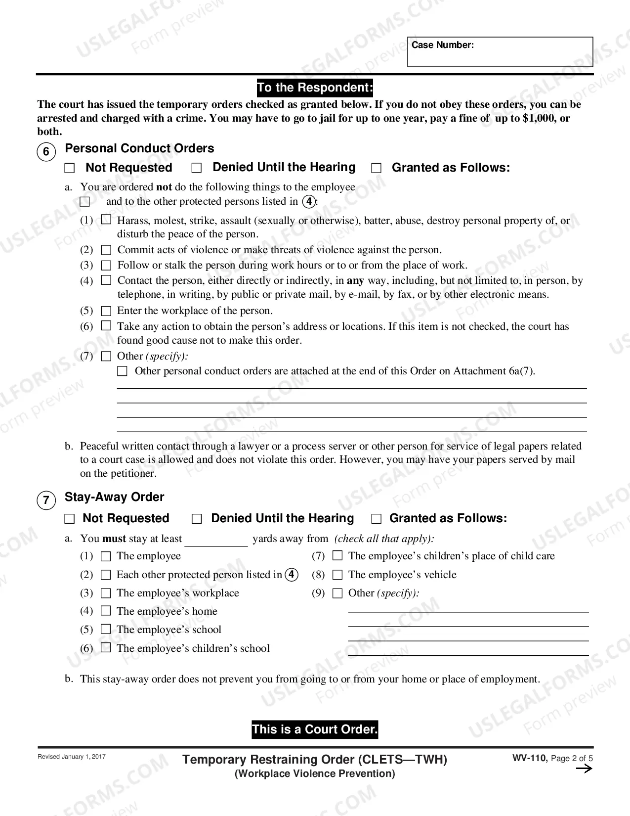 Preview Temporary Restraining Order - CLETS-TWH - Workplace Violence Prevention