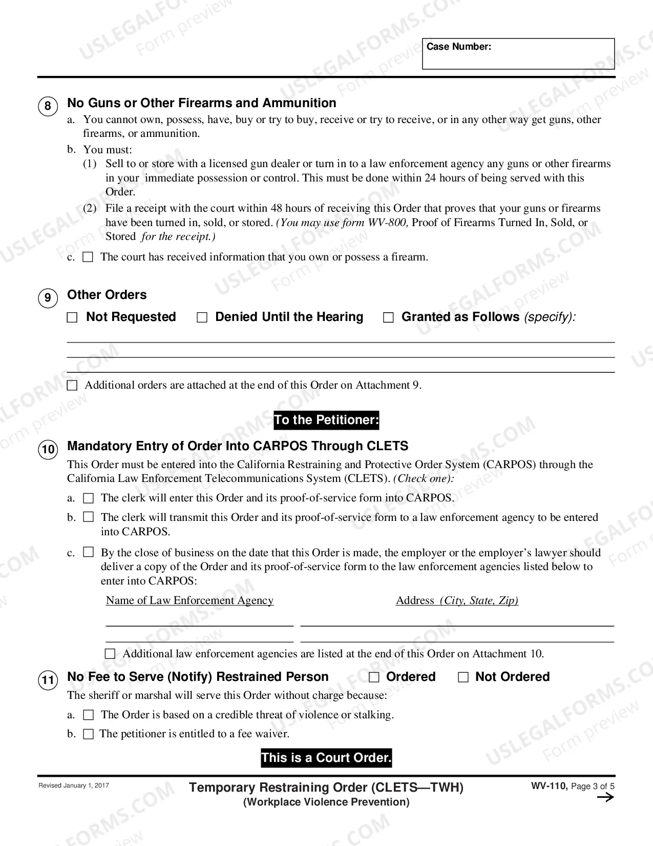 Preview Temporary Restraining Order - CLETS-TWH - Workplace Violence Prevention