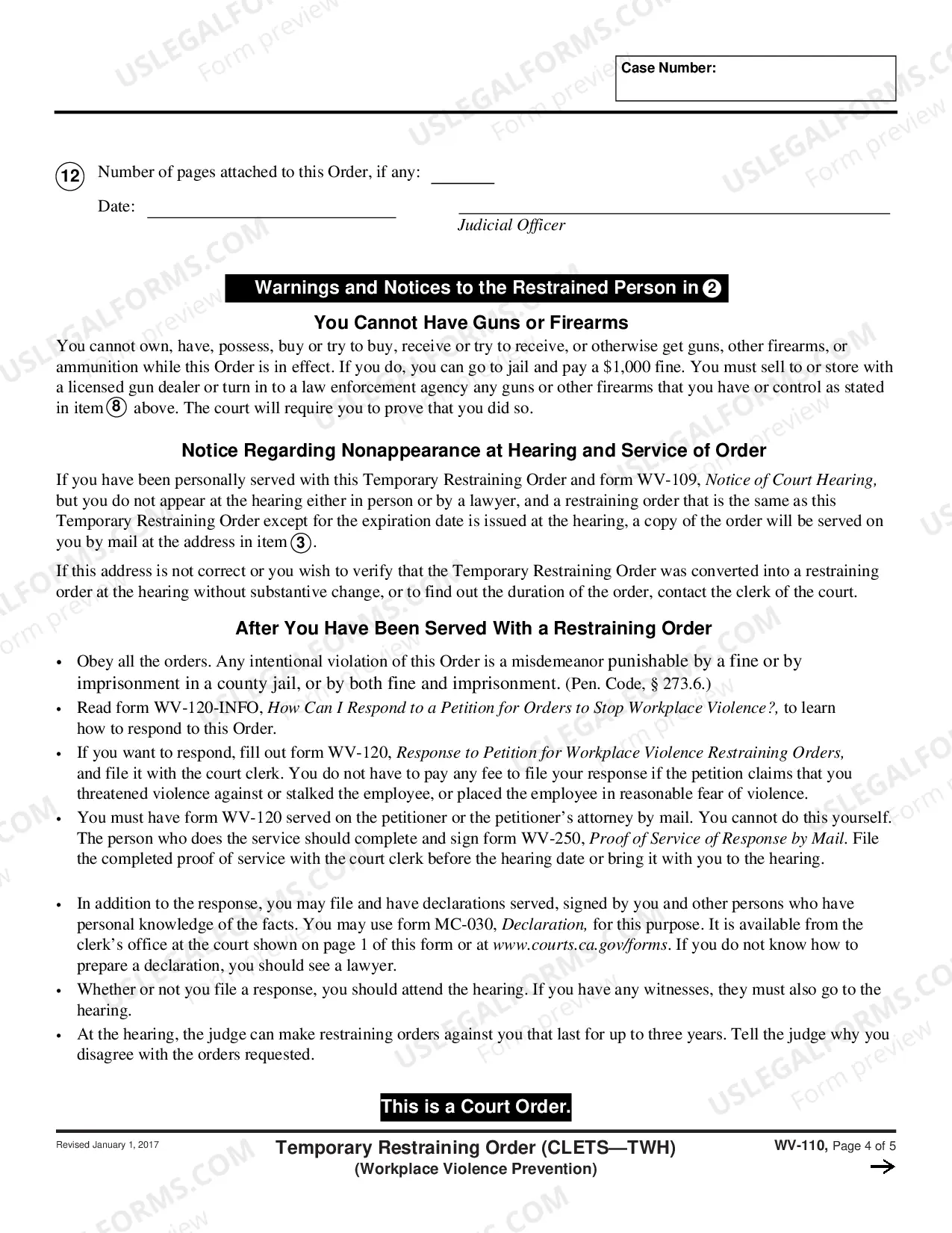 Preview Temporary Restraining Order - CLETS-TWH - Workplace Violence Prevention