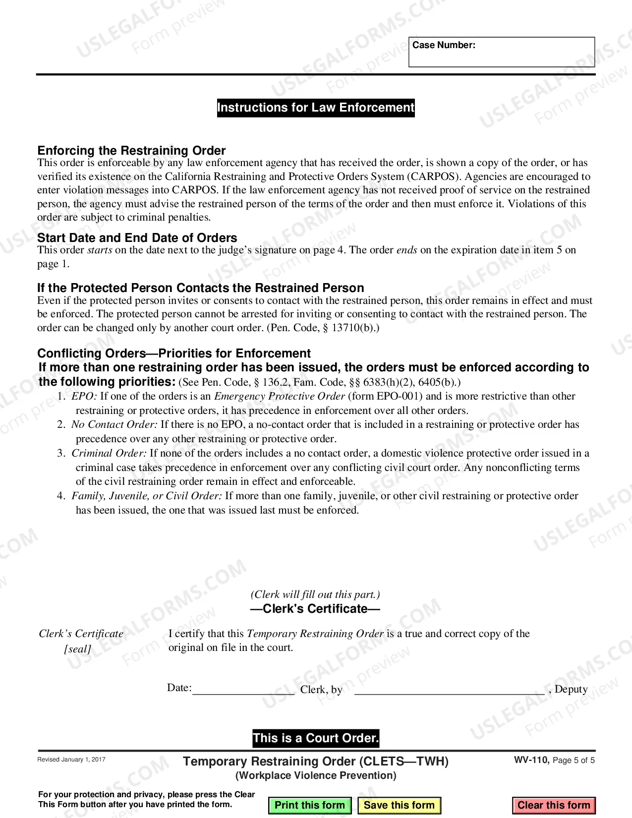 Preview Temporary Restraining Order - CLETS-TWH - Workplace Violence Prevention