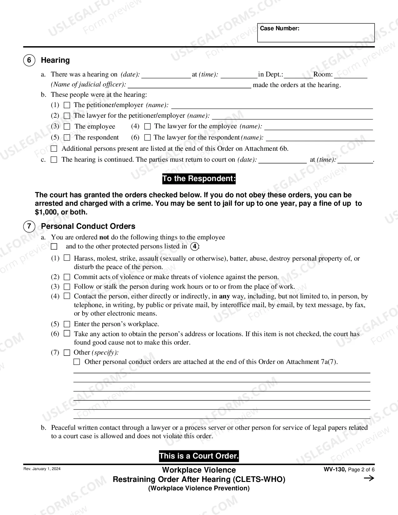 Preview Workplace Violence Restraining Order After Hearing