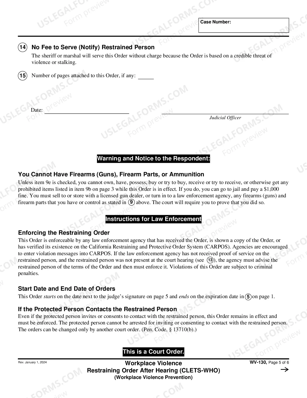 Preview Workplace Violence Restraining Order After Hearing