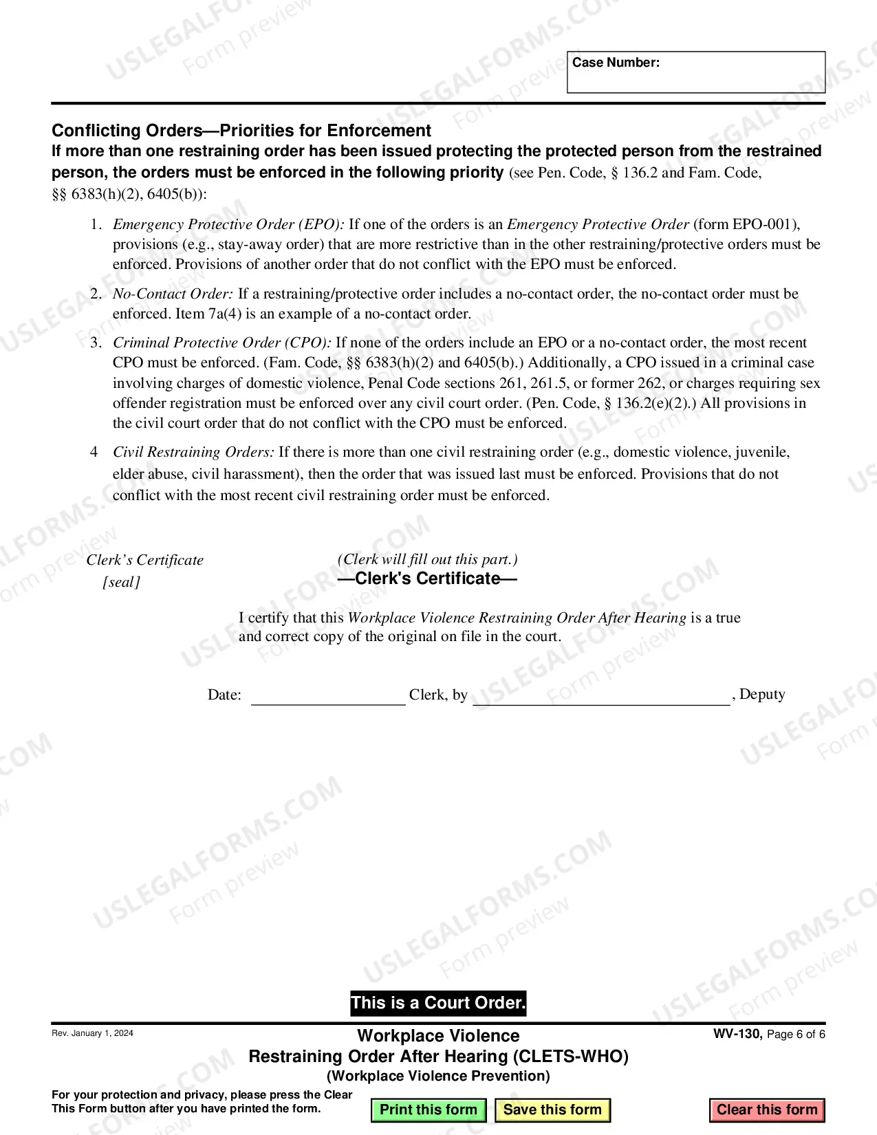 Preview Workplace Violence Restraining Order After Hearing