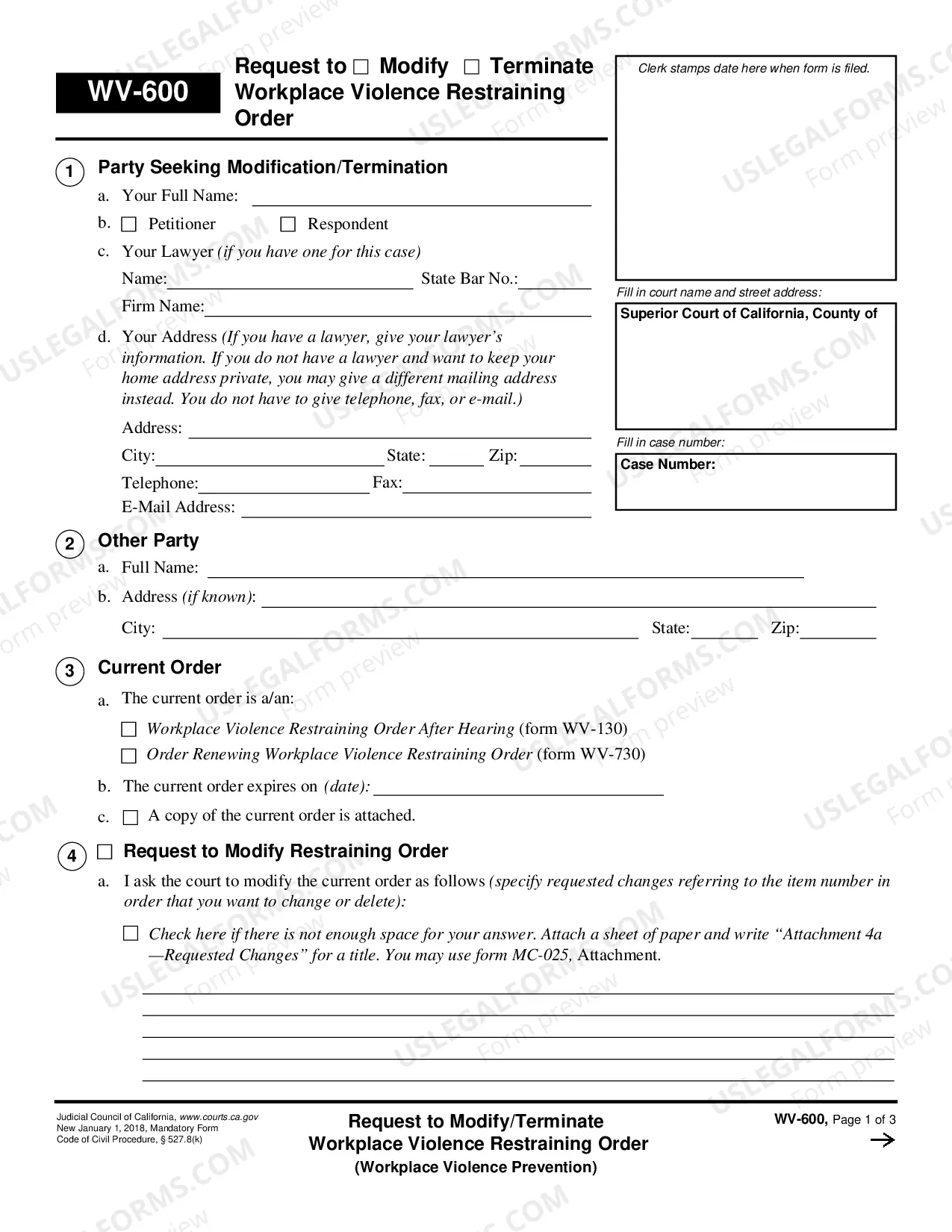 Preview Request to Modify or Terminate Workplace Violence Restraining Order