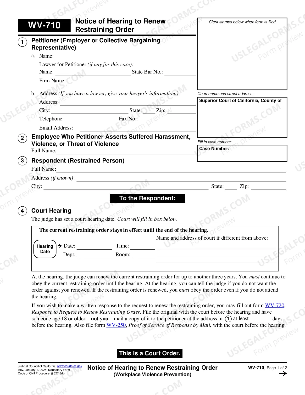 Preview Notice of Hearing to Renew Restraining Order - Workplace Violence Prevention