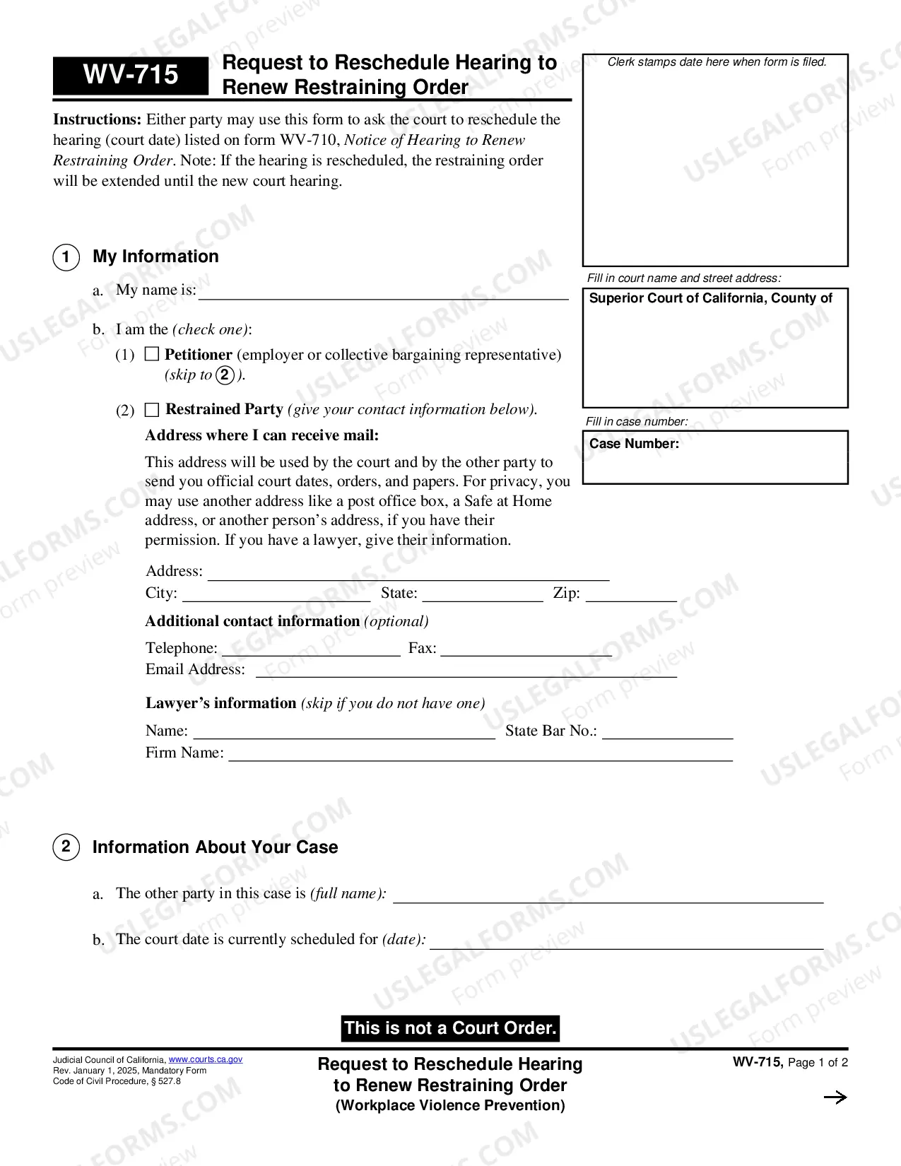 Preview Request to Reschedule Hearing to Renew Restraining Order - Workplace Violence Prevention