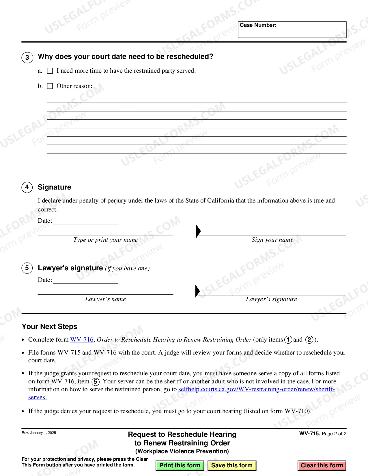 Preview Request to Reschedule Hearing to Renew Restraining Order - Workplace Violence Prevention