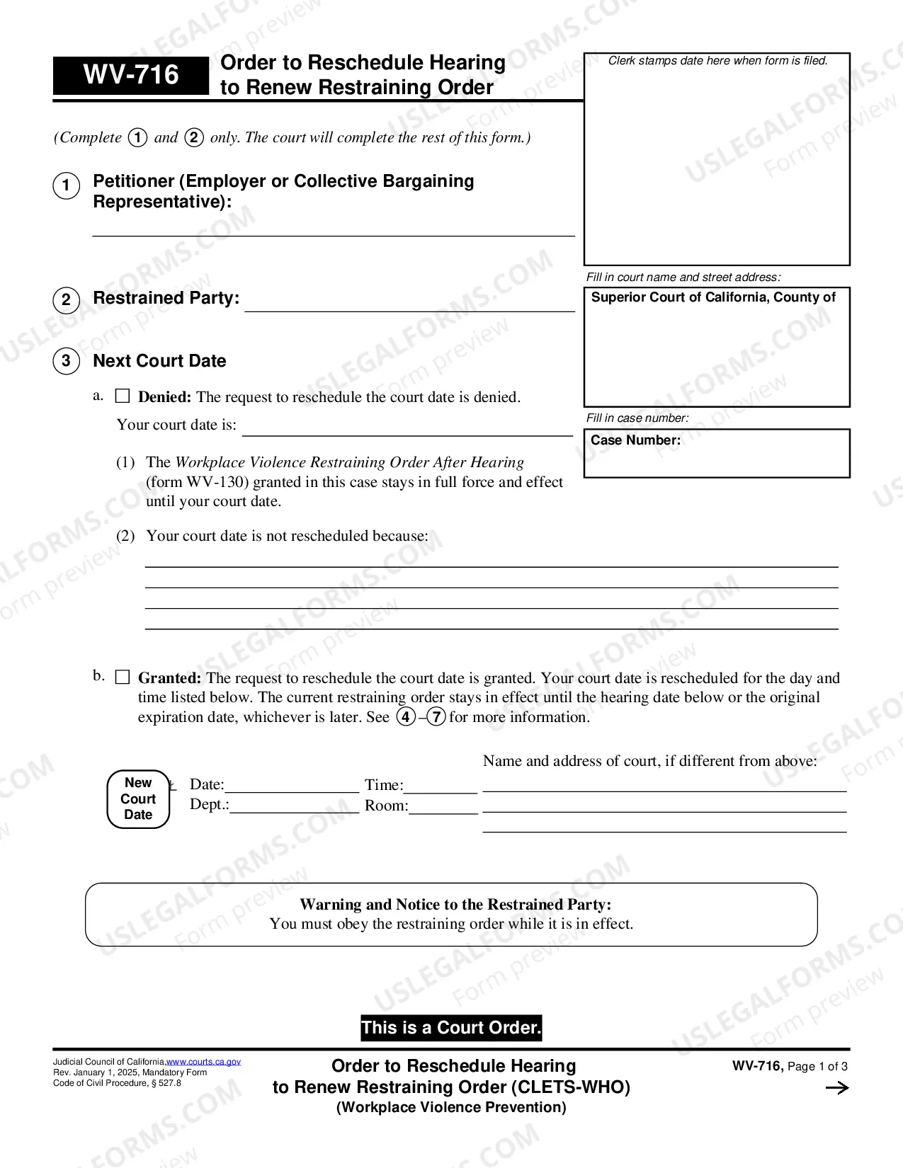 Preview Order to Reschedule Hearing to Renew Restraining Order - CLETS-WHO - Workplace Violence Prevention