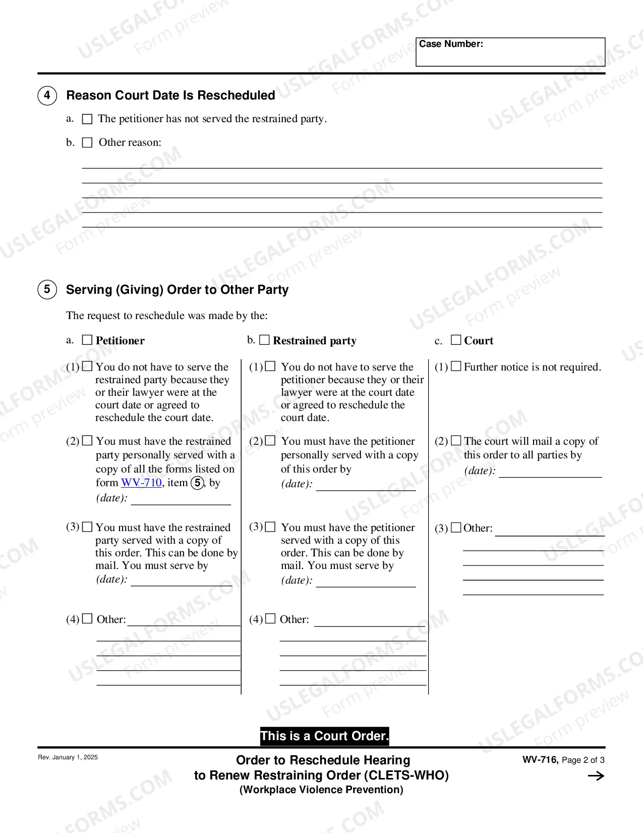 Preview Order to Reschedule Hearing to Renew Restraining Order - CLETS-WHO - Workplace Violence Prevention