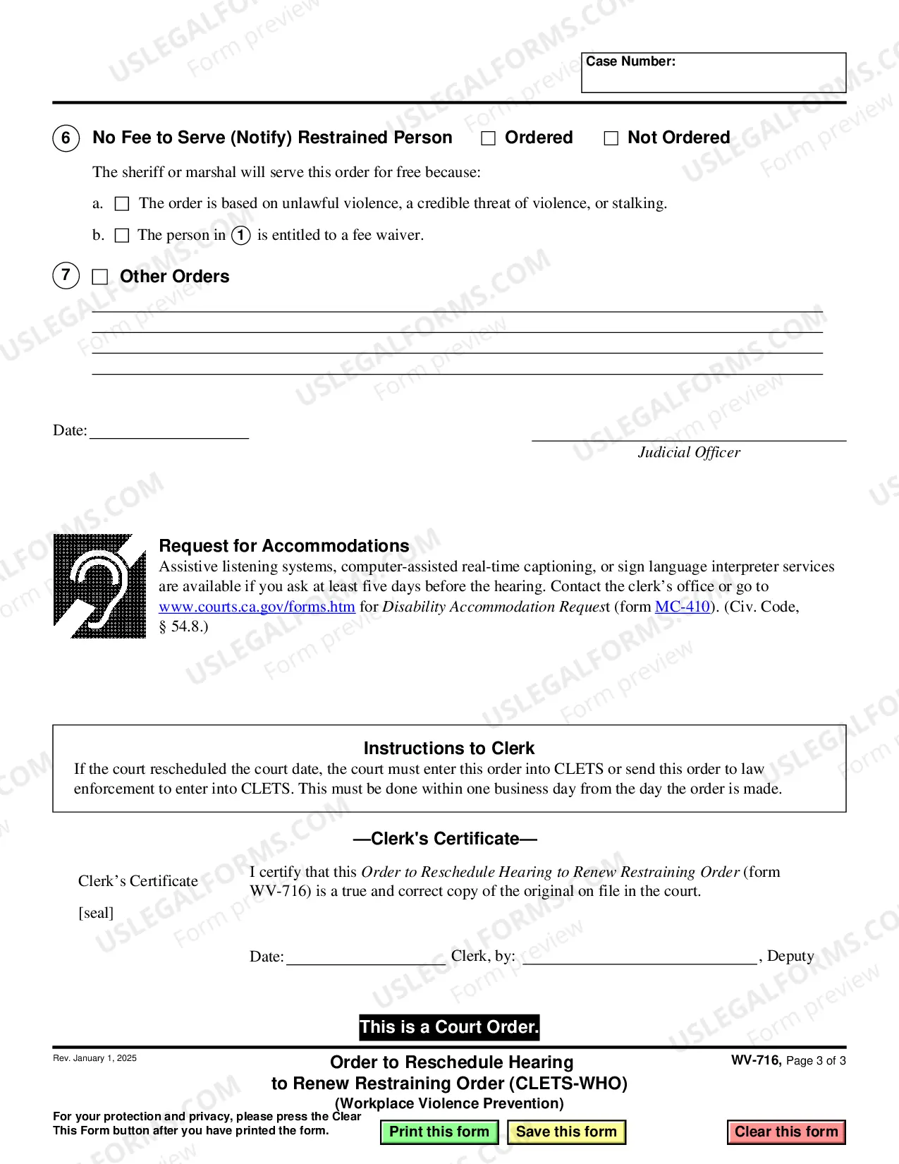 Preview Order to Reschedule Hearing to Renew Restraining Order - CLETS-WHO - Workplace Violence Prevention