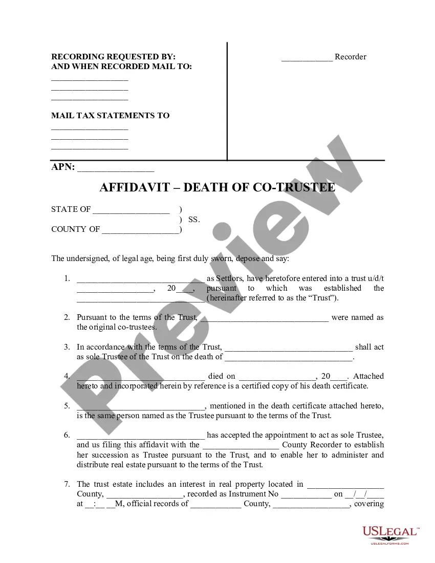 Colorado Affidavit Death Of Co Trustee Affidavit Of Death Of Trustee Us Legal Forms 5446