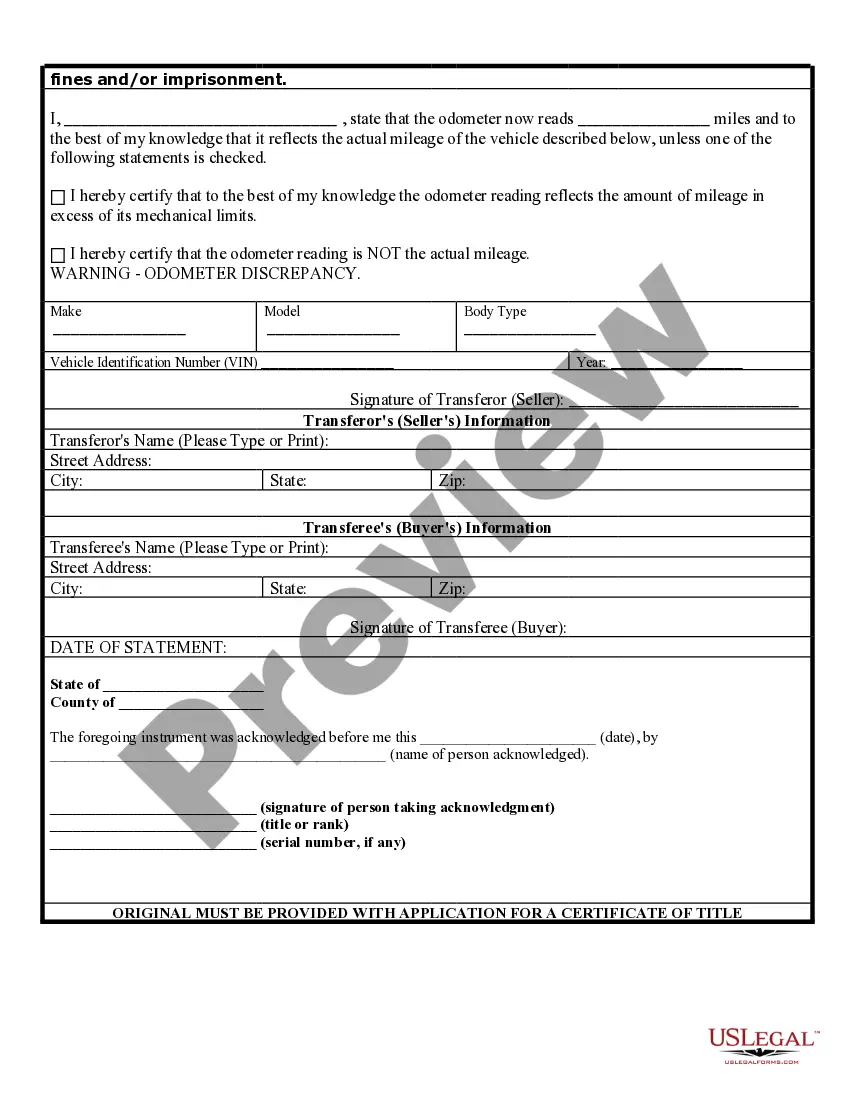 Preview Bill of Sale of Automobile and Odometer Statement