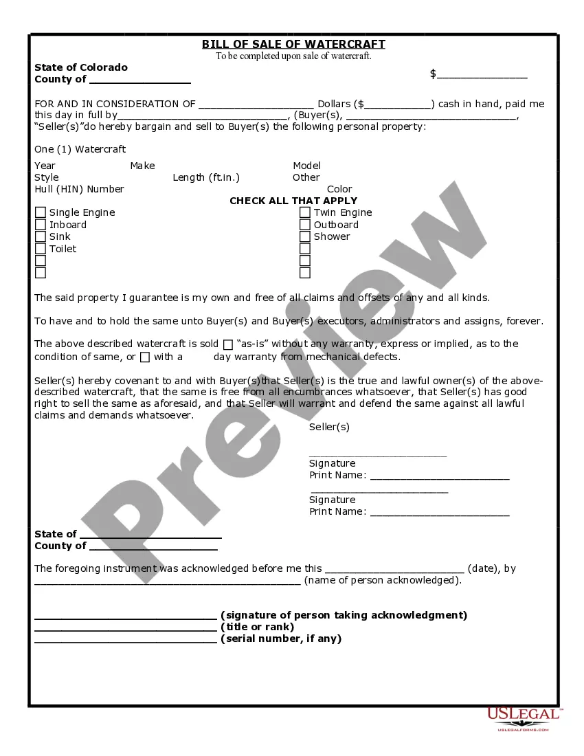 Preview Bill of Sale for WaterCraft or Boat