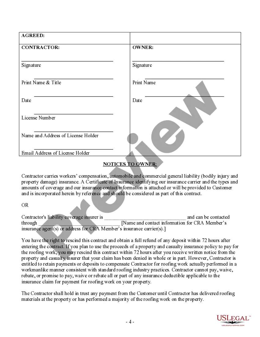 Preview Roofing Contract for Contractor