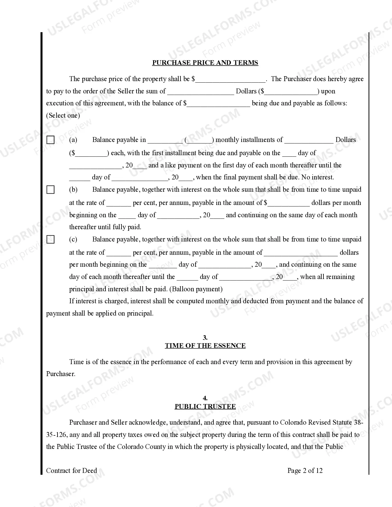 Preview Agreement or Contract for Deed for Sale and Purchase of Real Estate a/k/a Land or Executory Contract