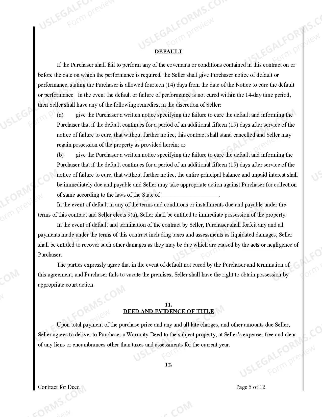 Preview Agreement or Contract for Deed for Sale and Purchase of Real Estate a/k/a Land or Executory Contract