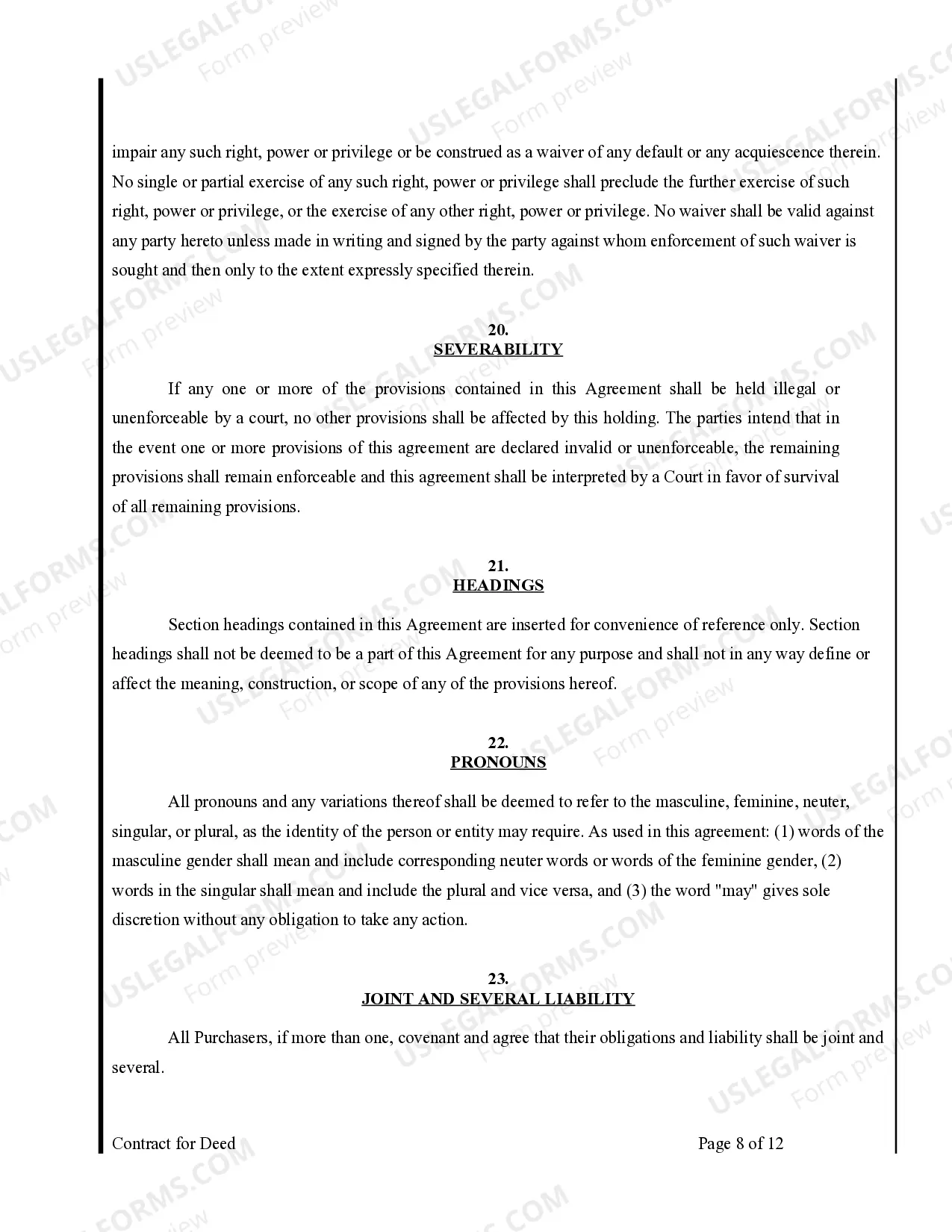 Preview Agreement or Contract for Deed for Sale and Purchase of Real Estate a/k/a Land or Executory Contract