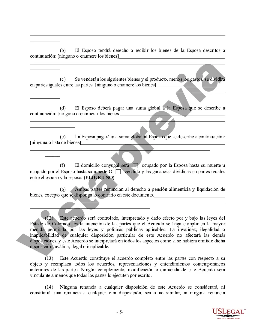 Preview Acuerdo prematrimonial prenupcial de Colorado con estados financieros