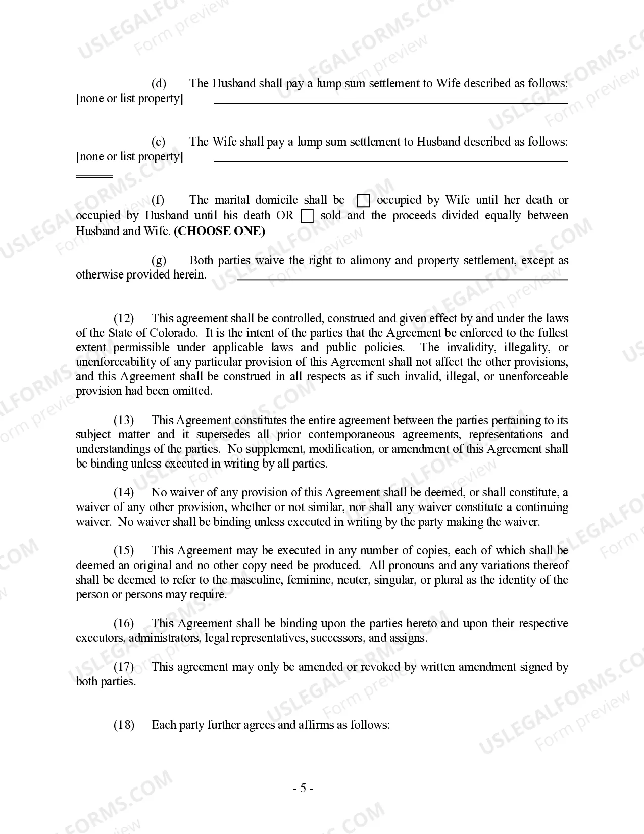 Preview Colorado Prenuptial Premarital Agreement with Financial Statements