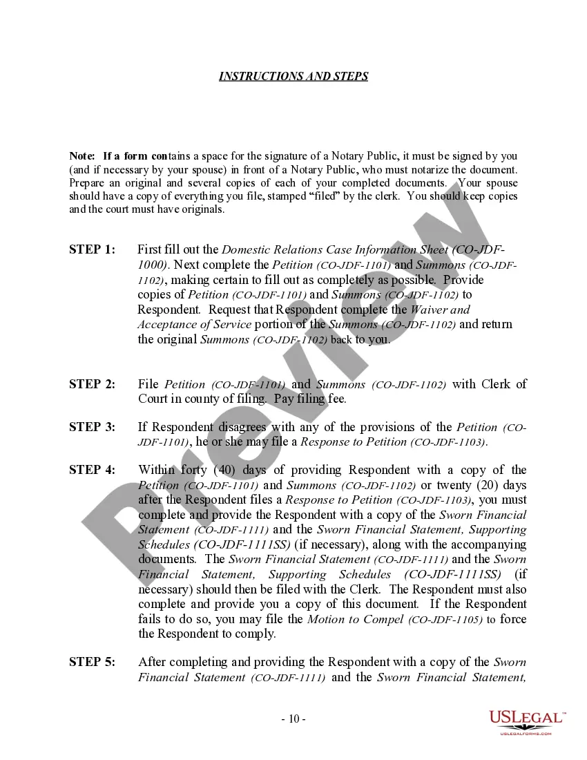 Preview Colorado No-Fault Agreed Uncontested Divorce Package for Dissolution of Marriage for people with Minor Children