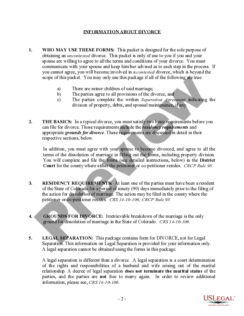 Preview Colorado No-Fault Agreed Uncontested Divorce Package for Dissolution of Marriage for people with Minor Children