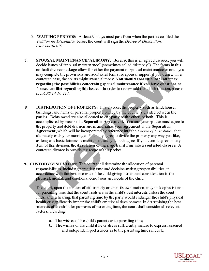 Preview Colorado No-Fault Agreed Uncontested Divorce Package for Dissolution of Marriage for people with Minor Children