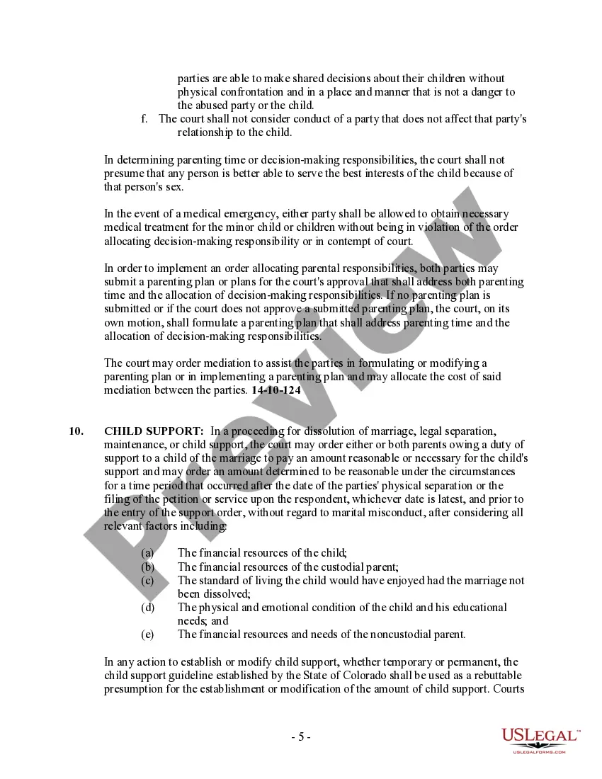 Preview Colorado No-Fault Agreed Uncontested Divorce Package for Dissolution of Marriage for people with Minor Children