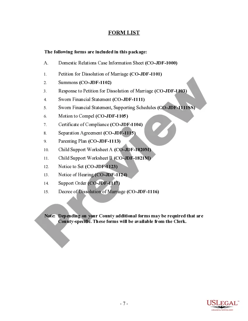 Preview Colorado No-Fault Agreed Uncontested Divorce Package for Dissolution of Marriage for people with Minor Children