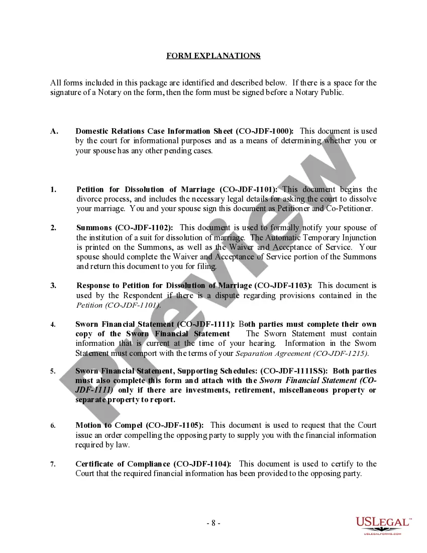 Preview Colorado No-Fault Agreed Uncontested Divorce Package for Dissolution of Marriage for people with Minor Children