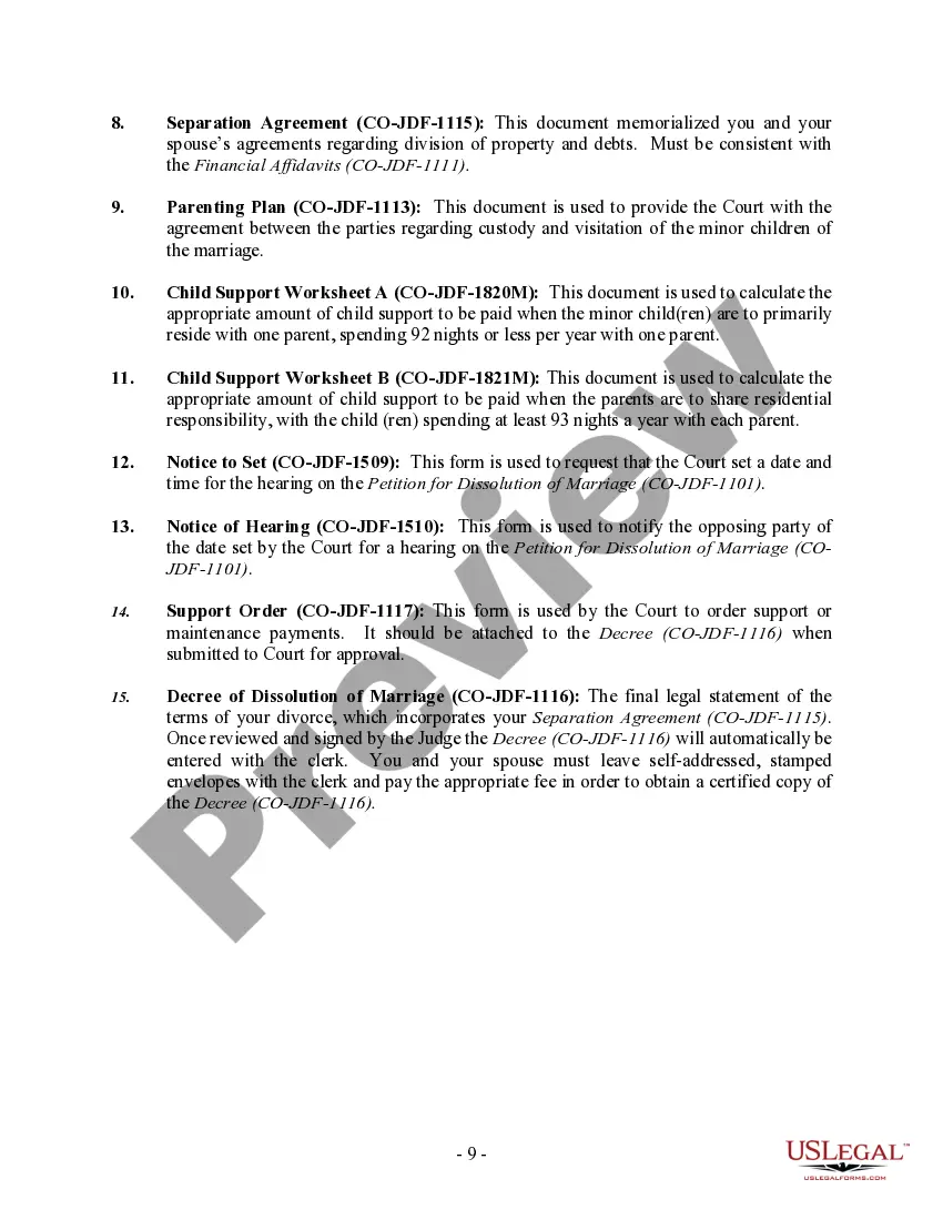 Preview Colorado No-Fault Agreed Uncontested Divorce Package for Dissolution of Marriage for people with Minor Children