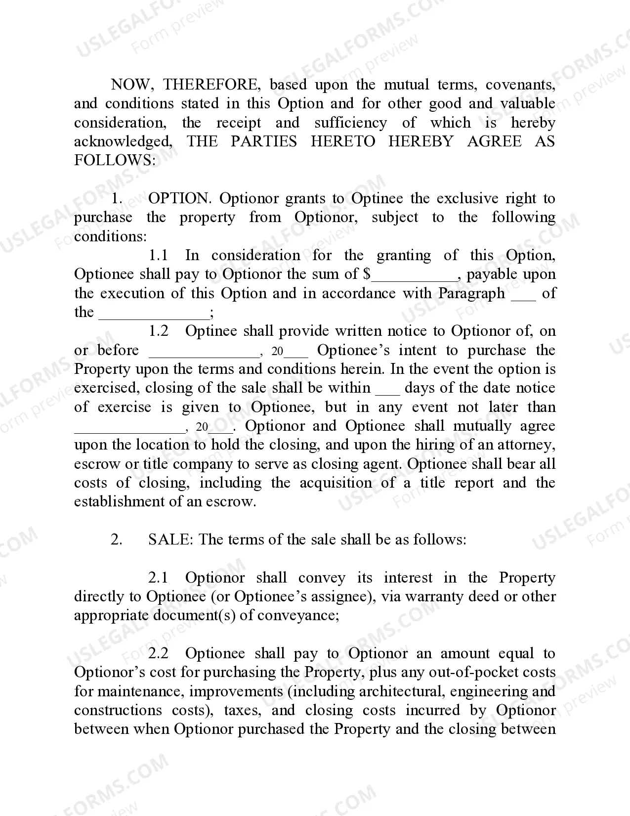 Preview Option to Purchase Real Estate