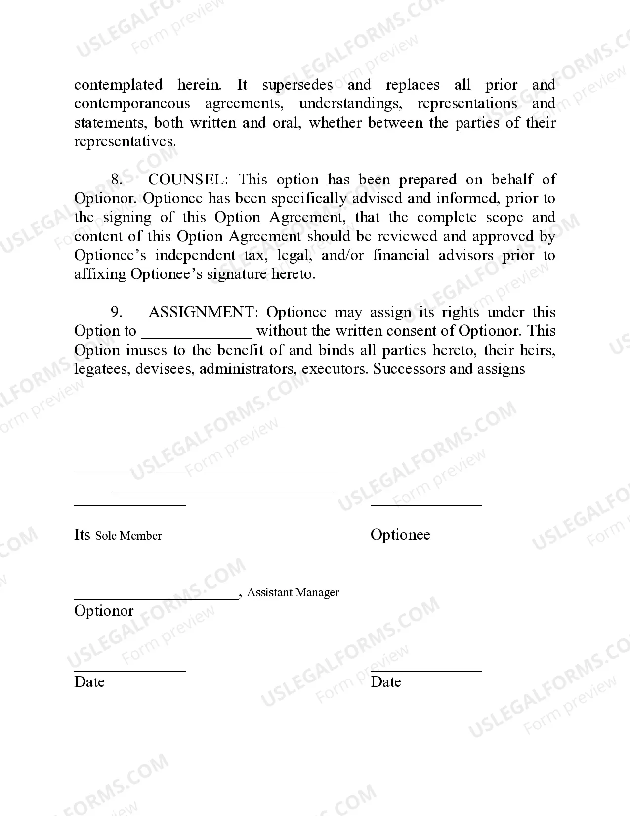 Preview Option to Purchase Real Estate