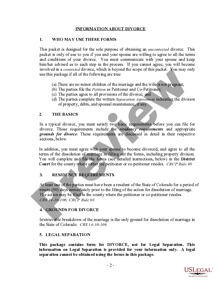 Preview Colorado No-Fault Agreed Uncontested Divorce Package for Dissolution of Marriage for Persons with No Children with or without Property and Debts