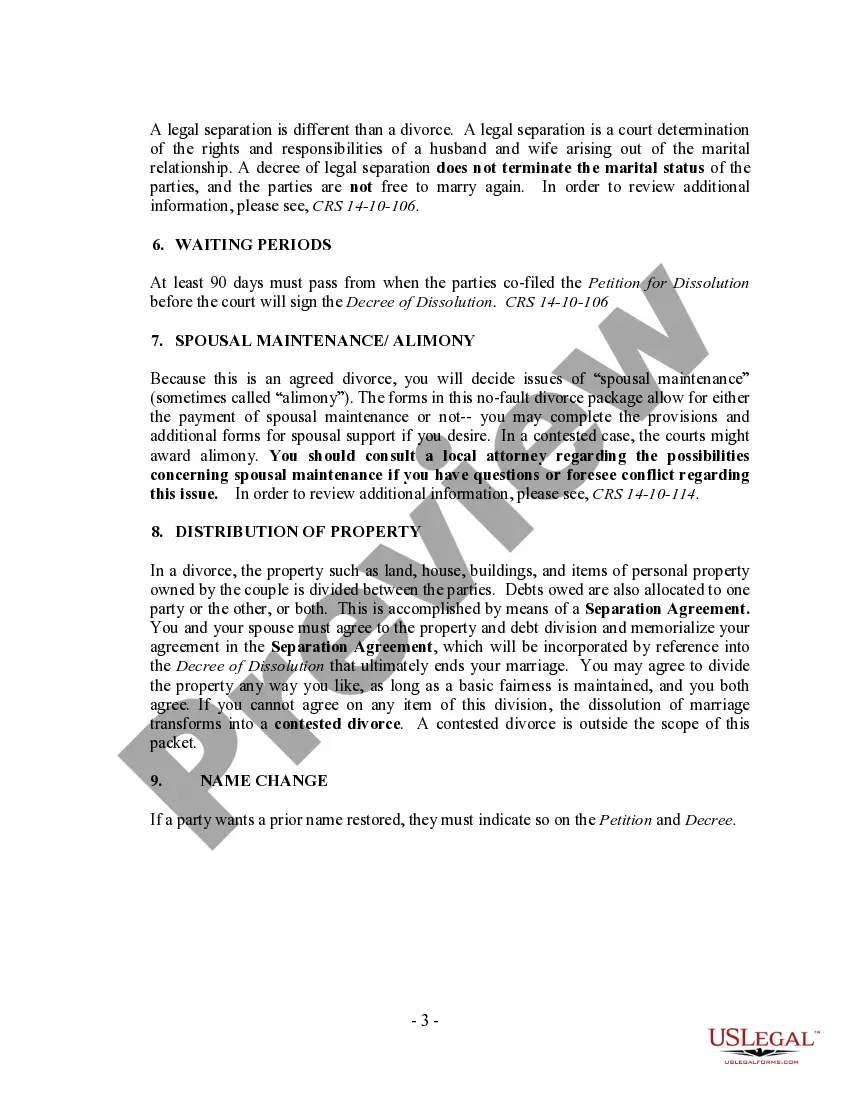 Preview Colorado No-Fault Agreed Uncontested Divorce Package for Dissolution of Marriage for Persons with No Children with or without Property and Debts