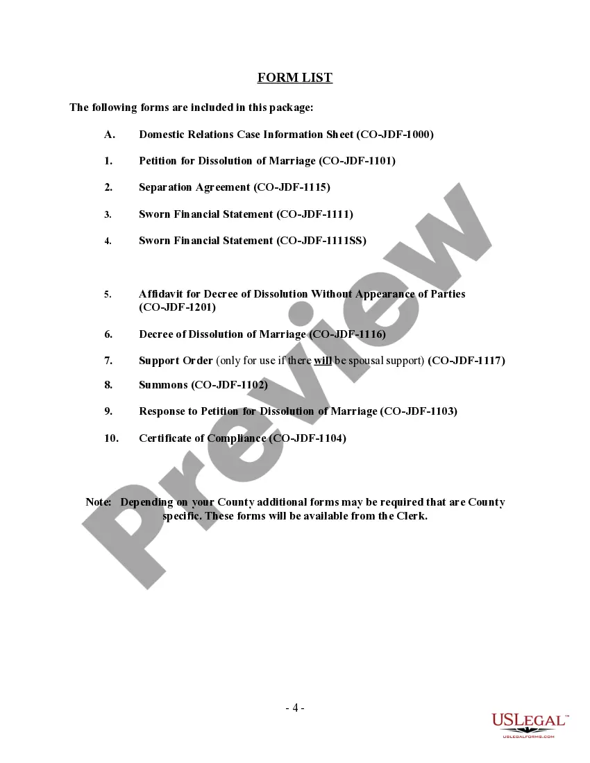 Preview Colorado No-Fault Agreed Uncontested Divorce Package for Dissolution of Marriage for Persons with No Children with or without Property and Debts
