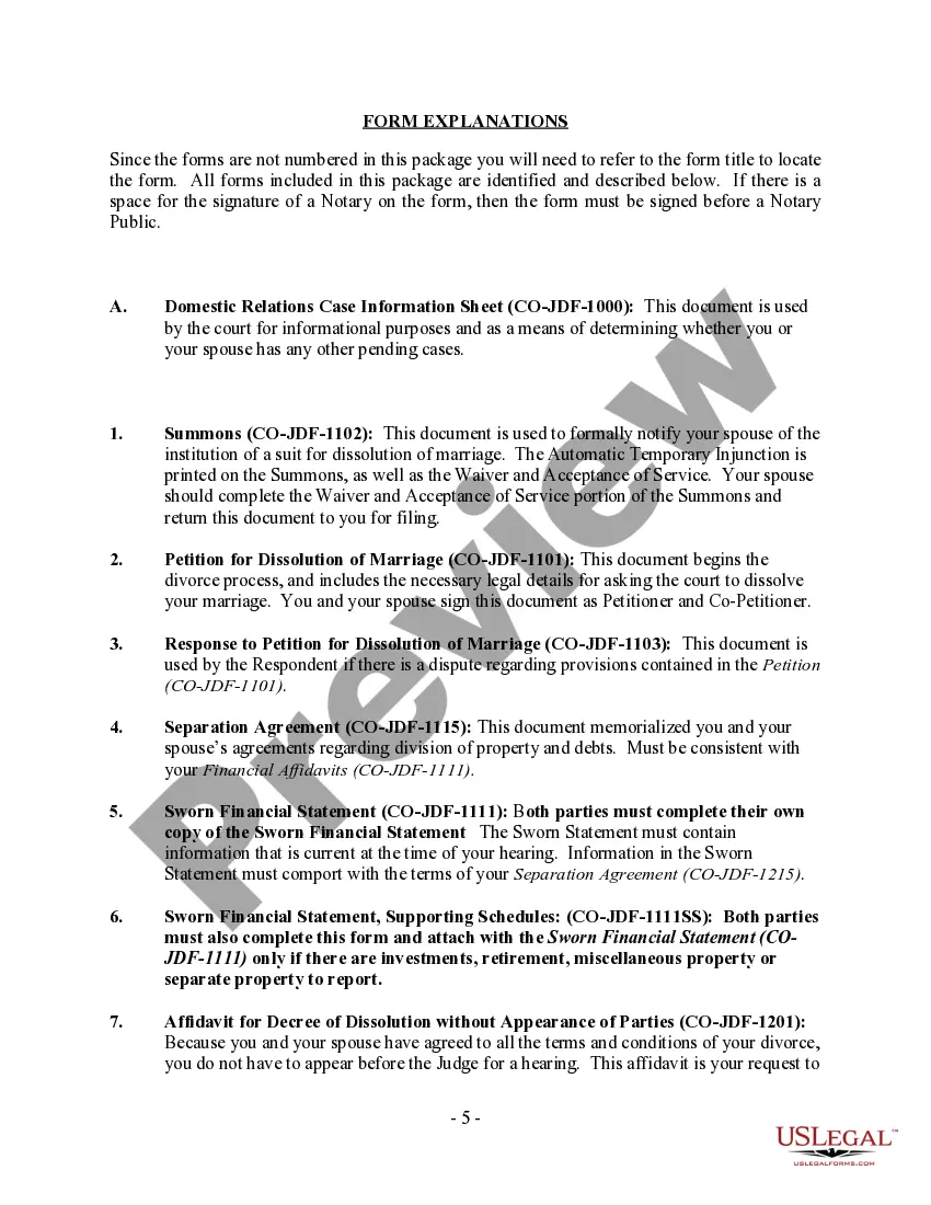 Preview Colorado No-Fault Agreed Uncontested Divorce Package for Dissolution of Marriage for Persons with No Children with or without Property and Debts
