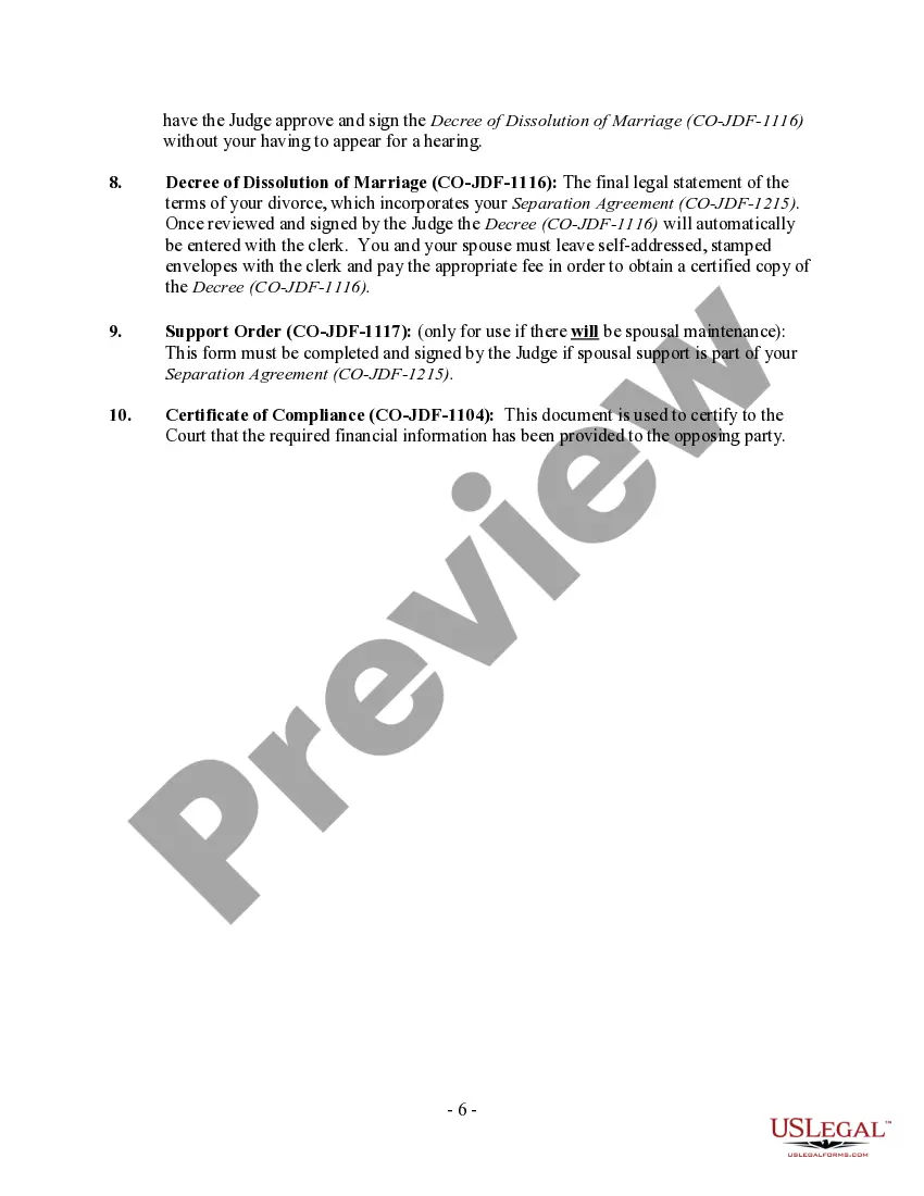 Preview Colorado No-Fault Agreed Uncontested Divorce Package for Dissolution of Marriage for Persons with No Children with or without Property and Debts