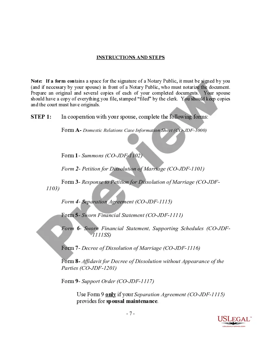 Preview Colorado No-Fault Agreed Uncontested Divorce Package for Dissolution of Marriage for Persons with No Children with or without Property and Debts
