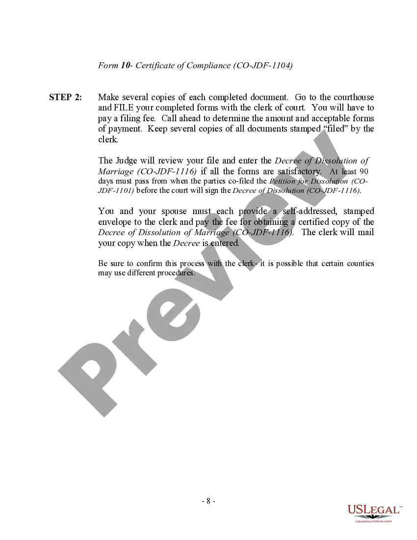 Preview Colorado No-Fault Agreed Uncontested Divorce Package for Dissolution of Marriage for Persons with No Children with or without Property and Debts