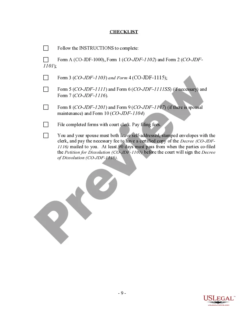 Preview Colorado No-Fault Agreed Uncontested Divorce Package for Dissolution of Marriage for Persons with No Children with or without Property and Debts