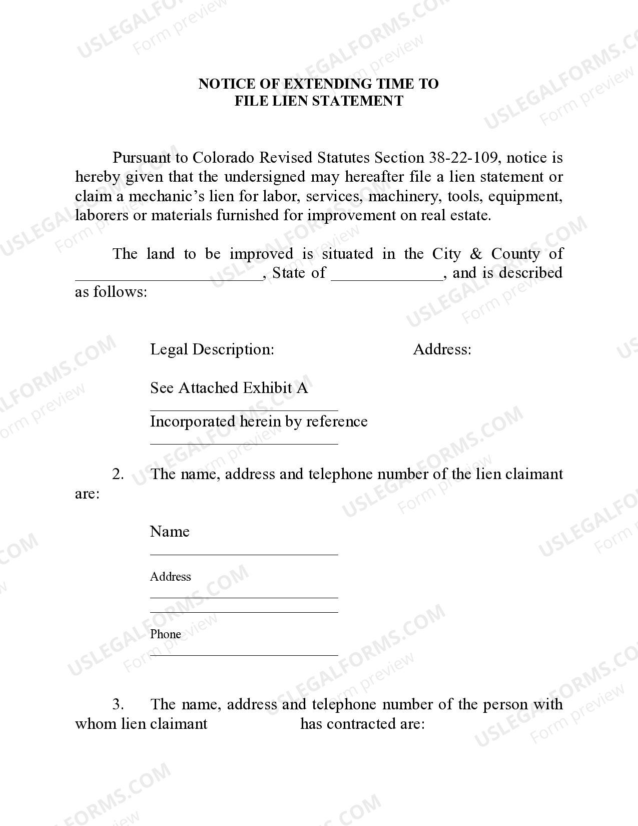 Colorado Notice of Extending Time to File Lien Statement Colorado