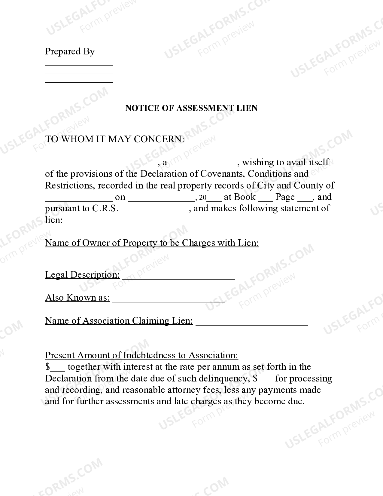 Colorado Notice of Assessment of Lien US Legal Forms