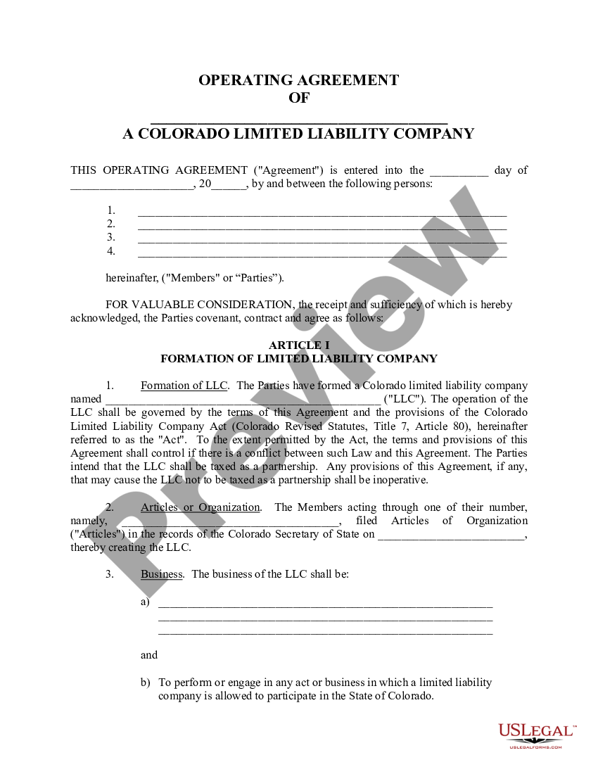 Colorado Limited Liability Company LLC Operating Agreement Operating