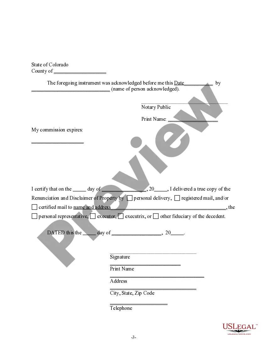 Get Colorado Renunciation And Disclaimer of Property from Will by Testate Preview Colorado Renunciation And Disclaimer of Property from Will by Testate