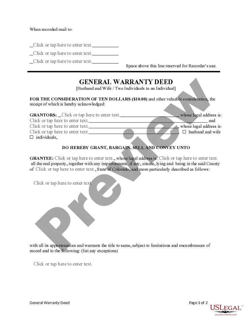Preview General Warranty Deed from Two Individuals / Husband and Wife to an Individual